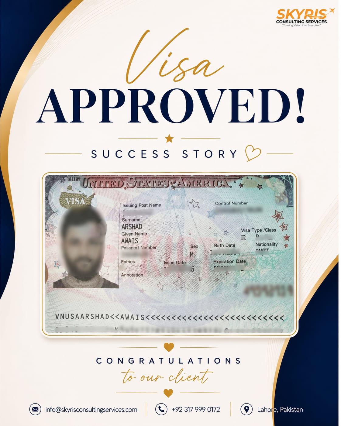 USA visa approved success story for Awais Arshad