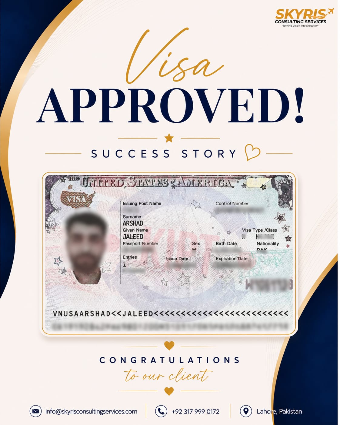 USA visa approved success story for Jaleed Arshad