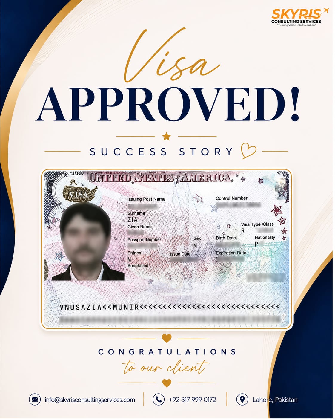 USA visa approved success story for Zia Munir